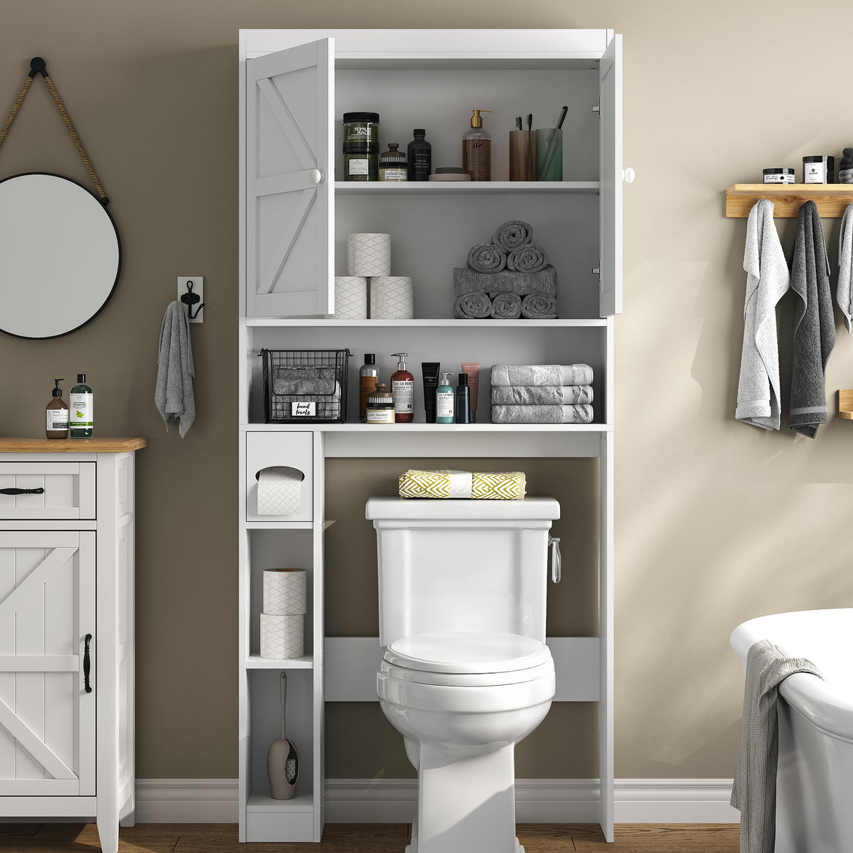 furomate Over The Toilet Storage Cabinet with Barn Doors, 32.3''W Free Standing Toilet Storage Shelf Space Saver with Adjustable Bottom Bar, White furomate