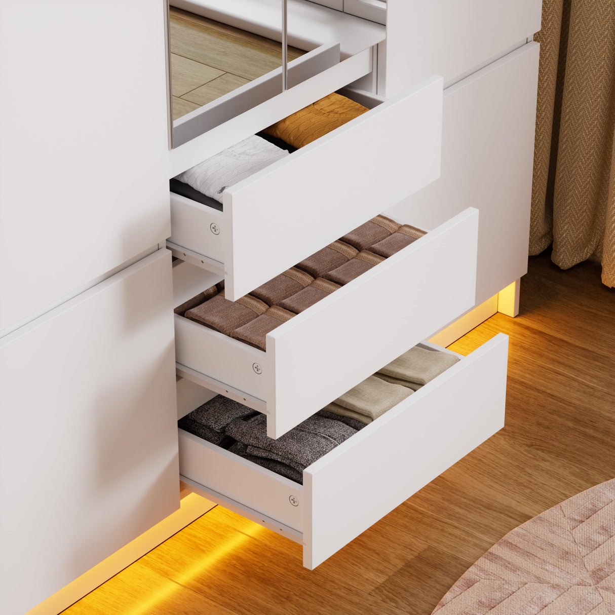 PAKASEPT 4 Doors Armoire Wardrobe Closet with Led Light & Mirror, Bedroom Large Capacity Freestanding Armoire Wardrobe with Drawers, Storage Cabinet with Hanging Rod Storage Closet for Bedroom PAKASEPT