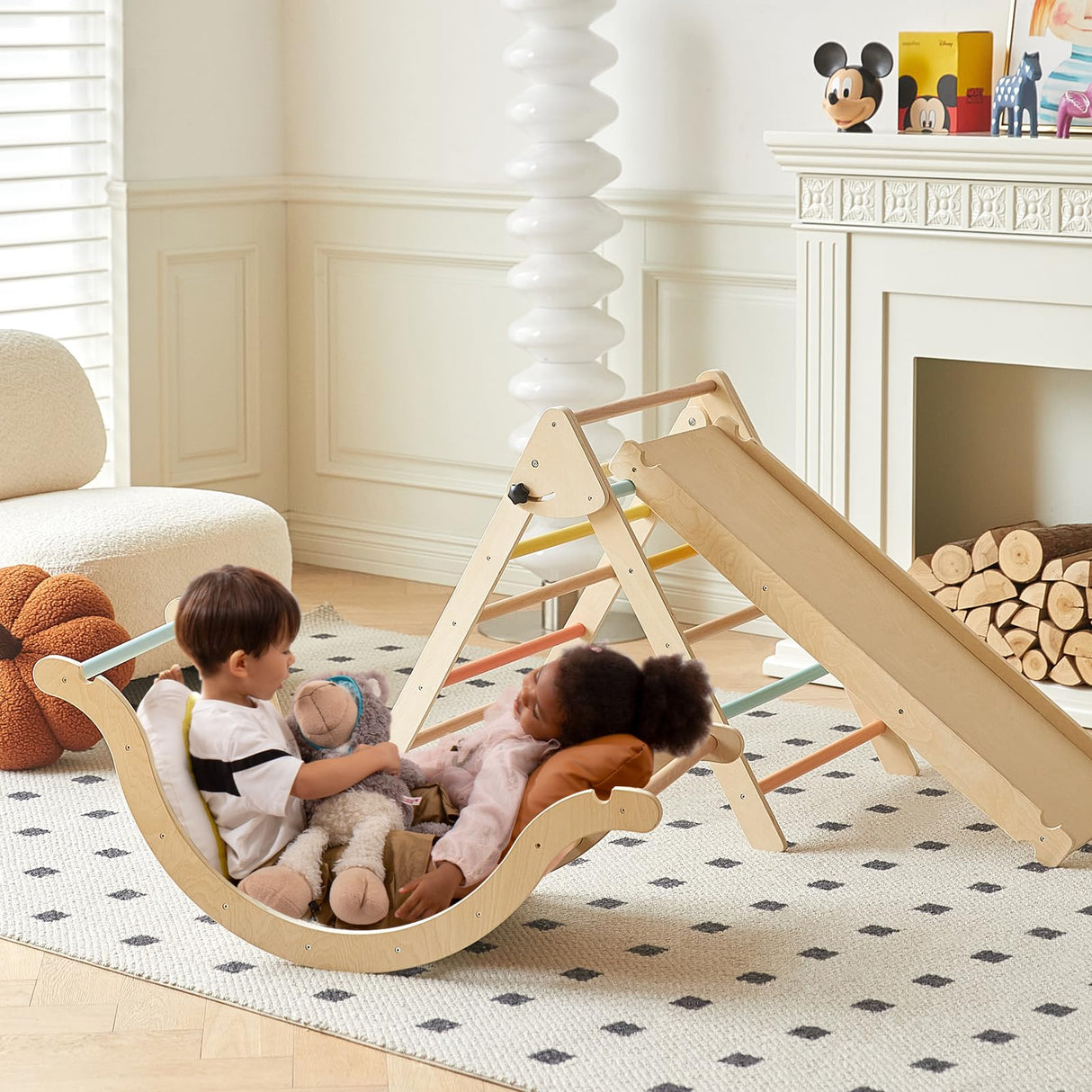 Giant bean Pastel 7 in 1 Pikler Climbing Set with Sliding Ramp & Climbing Arch Ramp, Foldable Wooden Toddler Climbing Toys Indoor,Playground Jungle Gym for Kids Age 2-5, Montessori Climbing Set Giant bean