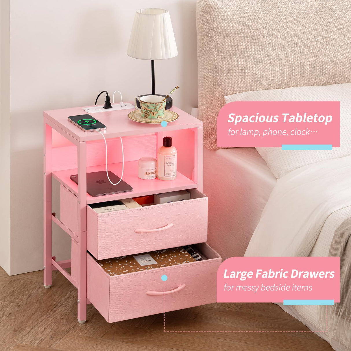 Yoobure Nightstand with Charging Station, LED Night Stand with Fabric Drawers and Storage Shelf for Bedroom, Nightstands Bedside Tables with USB Ports & Outlets, Small Night Stands, Bed Side Table Yoobure