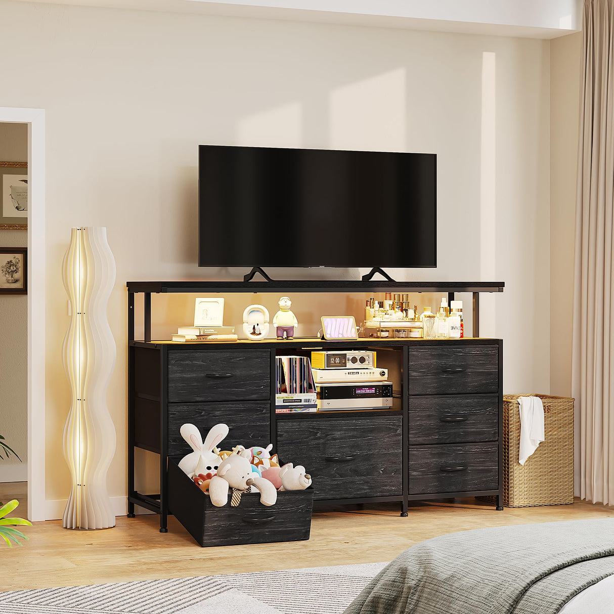 EnHomee Dresser TV Stand for Bedroom with LED Lights & power outlets for 55" TV Stand Dresser for Bedroom Entertainment Center with 7 Fabric Drawers and Wood Shelves for Living Room, Black EnHomee