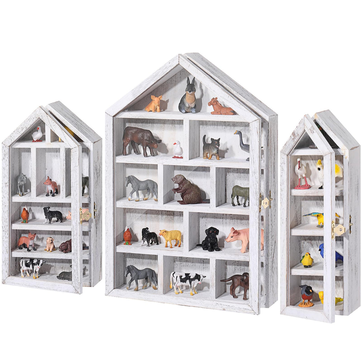 DoubleFill Set of 3 Shadow Cubby Boxes Wooden Display Shelf 10 x 15 Inch Large Wall Mounted Display Storage Shelves for Mini Figures Curio Trinket Medals Crafts Collections(Antique White,House Shape) DoubleFill