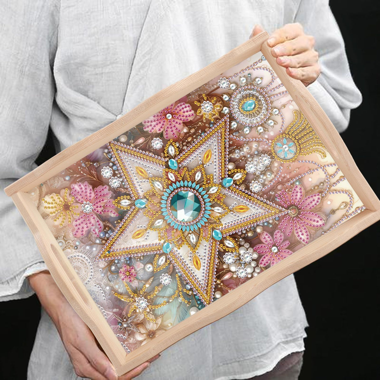 DIY Diamond Art Tray with Handle Diamond Art Painting Plate Creative Design Handmade Wooden Tray Mosaic Making Kits by Number Kits Diamond Art for Coffee Living Room Home Organizer (Five-Pointed Star) AiYuanzsh