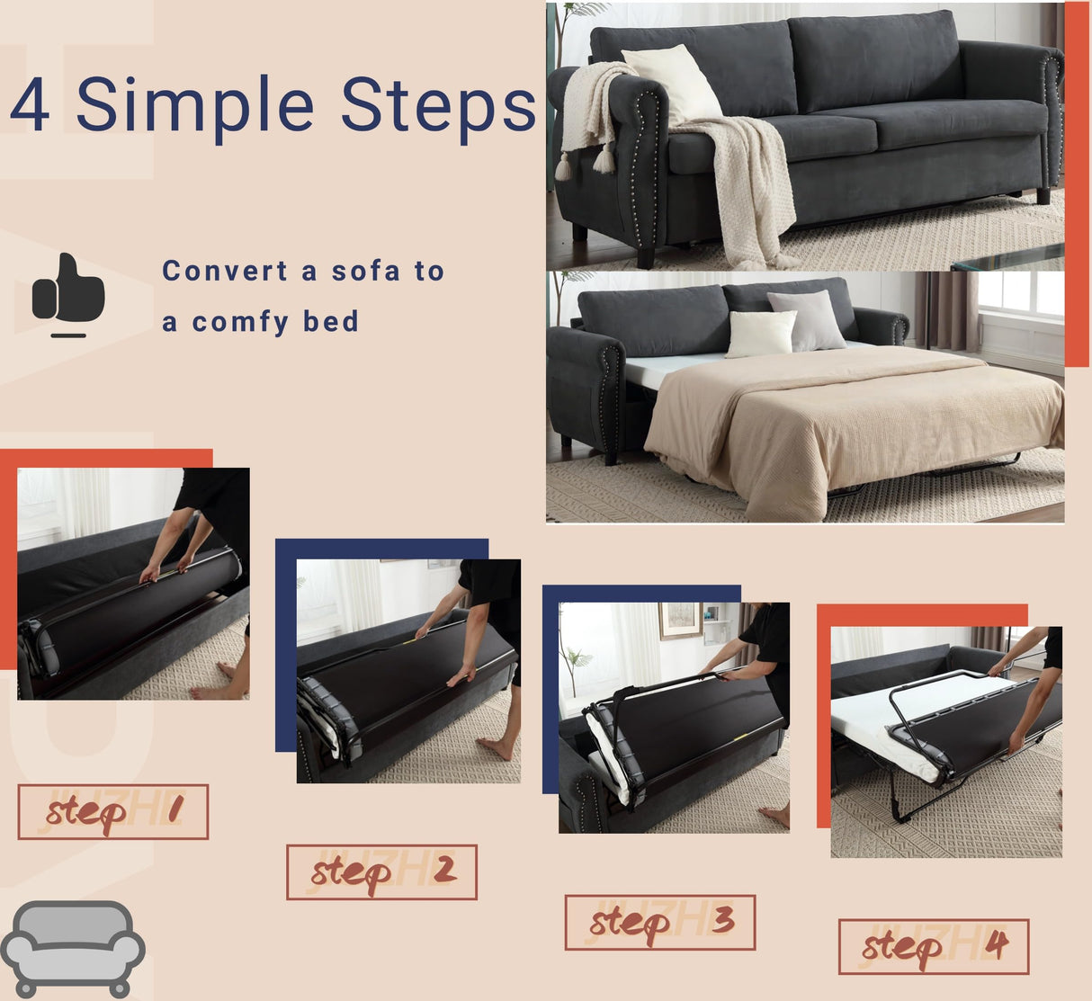 80.7" Pull Out Sofa Bed, 2-in-1 Velvet Queen Convertible Sleeper Couch with Memory Foam Mattress & Solid Wood Bed Frame, Large Pullout Couch Bed for Living Room, Apartment, Small Space,Dark Gray HANLIVES