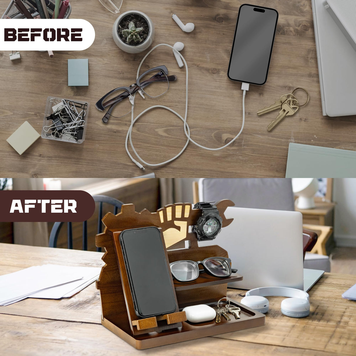 B1ykin Father's Day Wooden Nightstand Organizer - Wood Phone Docking Station Wallet Watch Stand Key Holder, Bedside Charging Station Organizer Men Gift Anniversary Birthday for Husband Dad Grandpa B1ykin