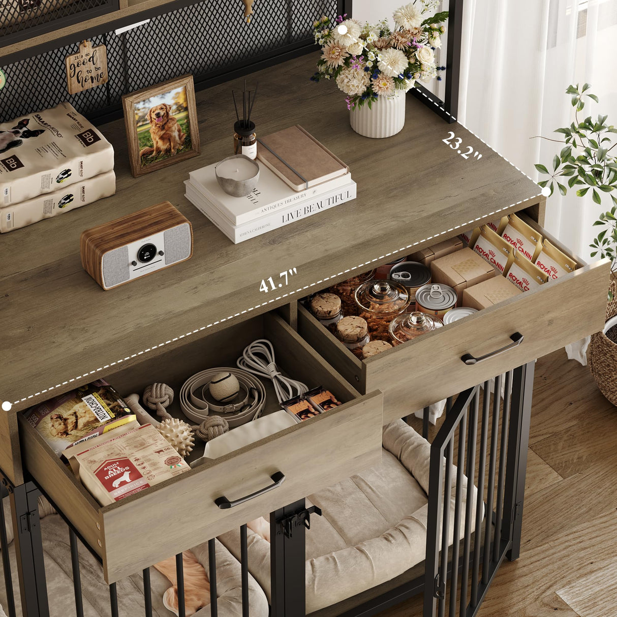 HITHOS 71" Tall Dog Crate Furniture, Indoor Dog Kennel with Hutch, 42" W Dog Cage for Large/Medium Dogs, Wood Dog Crates with 2 Storage Drawers, Heavy Duty Pet House, Rustic Brown HITHOS