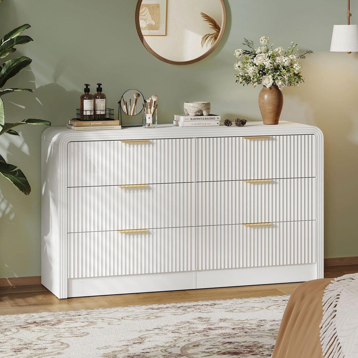 Decofy Fluted 6 Drawers Dresser for Bedroom, 55 Inch Wood Dressers with Gold Handles, Modern Dressers with Wave Texture, Large Storage Chest of Drawers, Bedroom Dresser Organizer (Pure White) Decofy