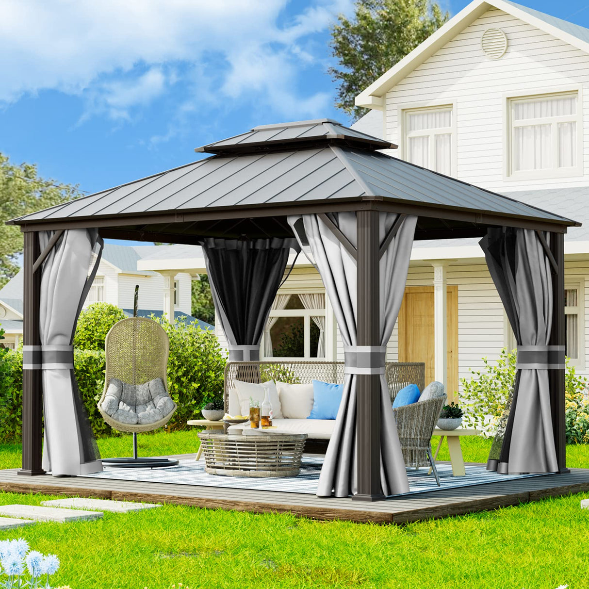 UDPATIO 10' x 12' Hardtop Gazebo, Galvanized Steel Double Roof Permanent Aluminum Gazebo, Outdoor Metal Pergolas with Mosquito Netting and Curtains for Garden, Parties, Patio, Deck, Lawns, Grey UDPATIO