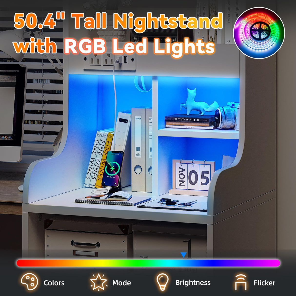 EnHomee Tall LED Nightstands Set of 2 with Charging Station and 2 Drawers in White EnHomee