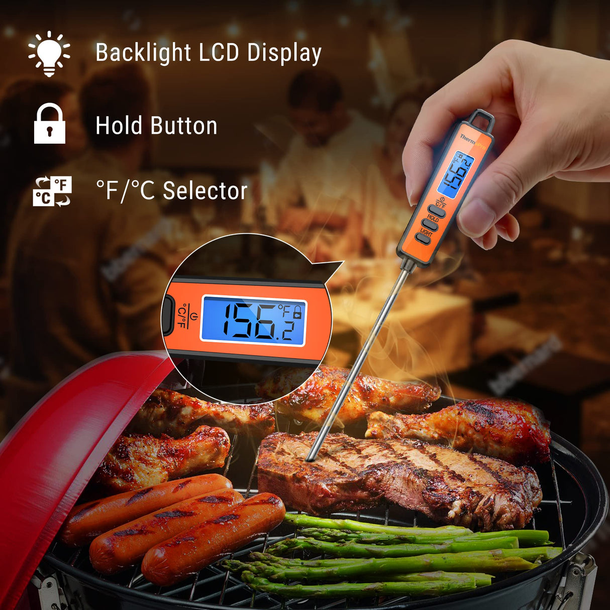 ThermoPro TP01A Digital Meat Thermometer for Cooking Candle Liquid Deep Frying Oil Candy, Kitchen Food Instant Read Thermometer with Super Long Probe, Backlit, Lock Function ThermoPro