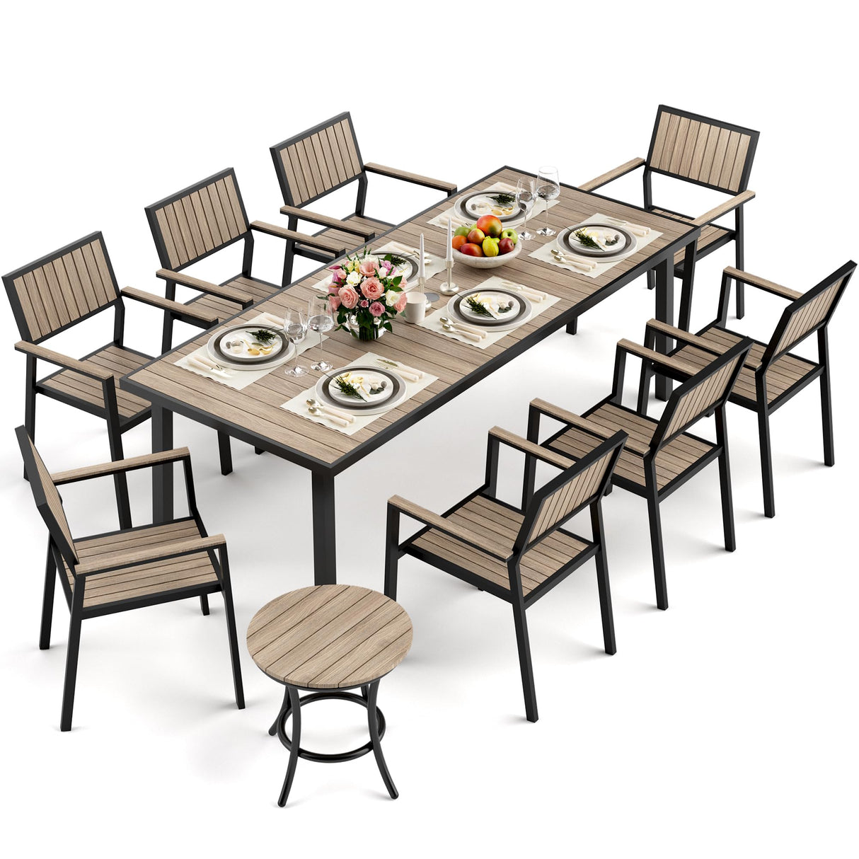 Pamapic 10-Piece Patio Dining Set,Outdoor Aluminum Furniture Set with Plastic-Wood Table Top,Outdoor Furniture Set with 8 Outdoor Stackable Chairs for Patio Garden Poolside (Walnut) Pamapic