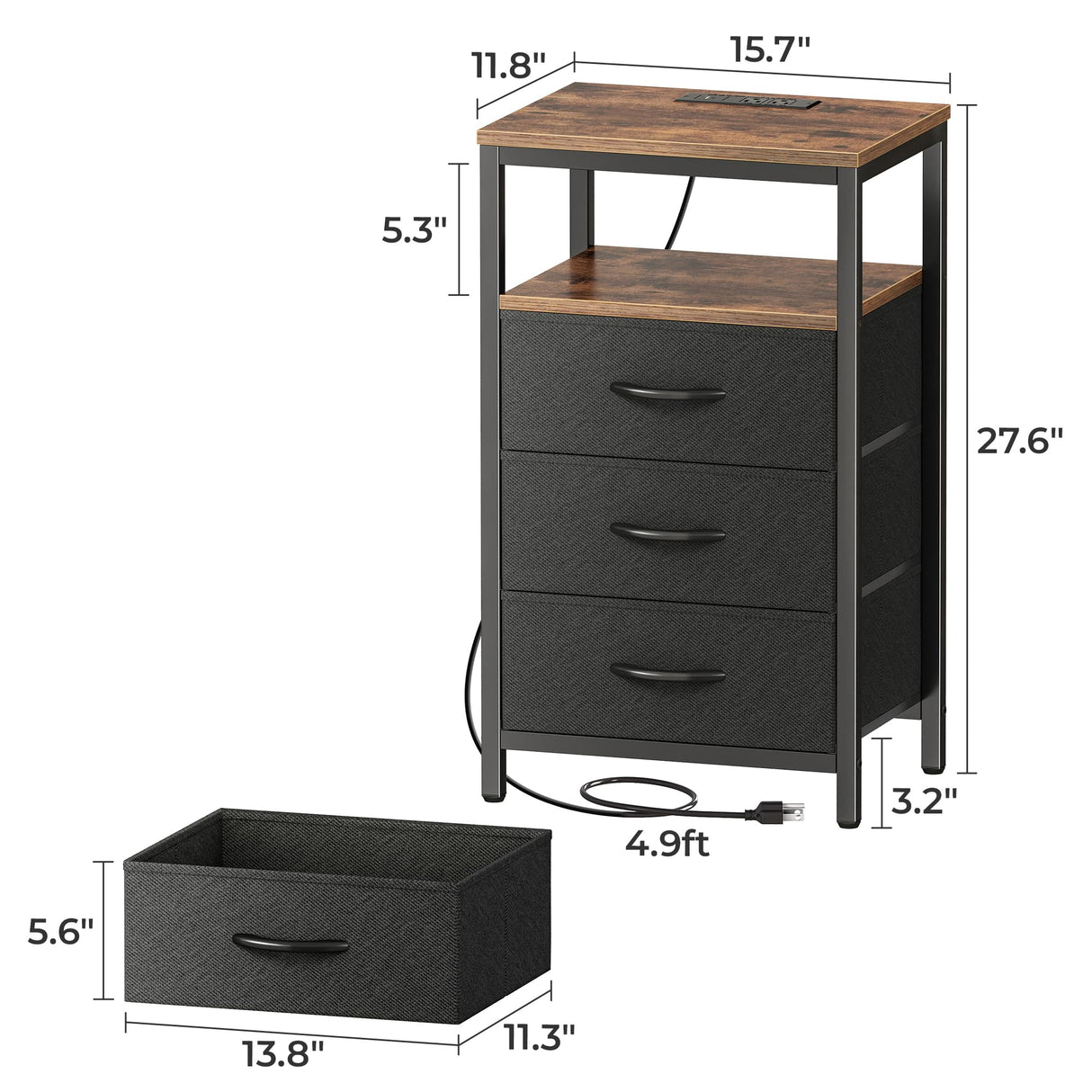 Huuger Nightstands Set of 2, 27.6 Inch End Tables with Charging Station, Fabric Drawers, Bedside Tables with USB-C Port and Outlet, Night Stands for Bedroom, Rustic Brown and Black Huuger