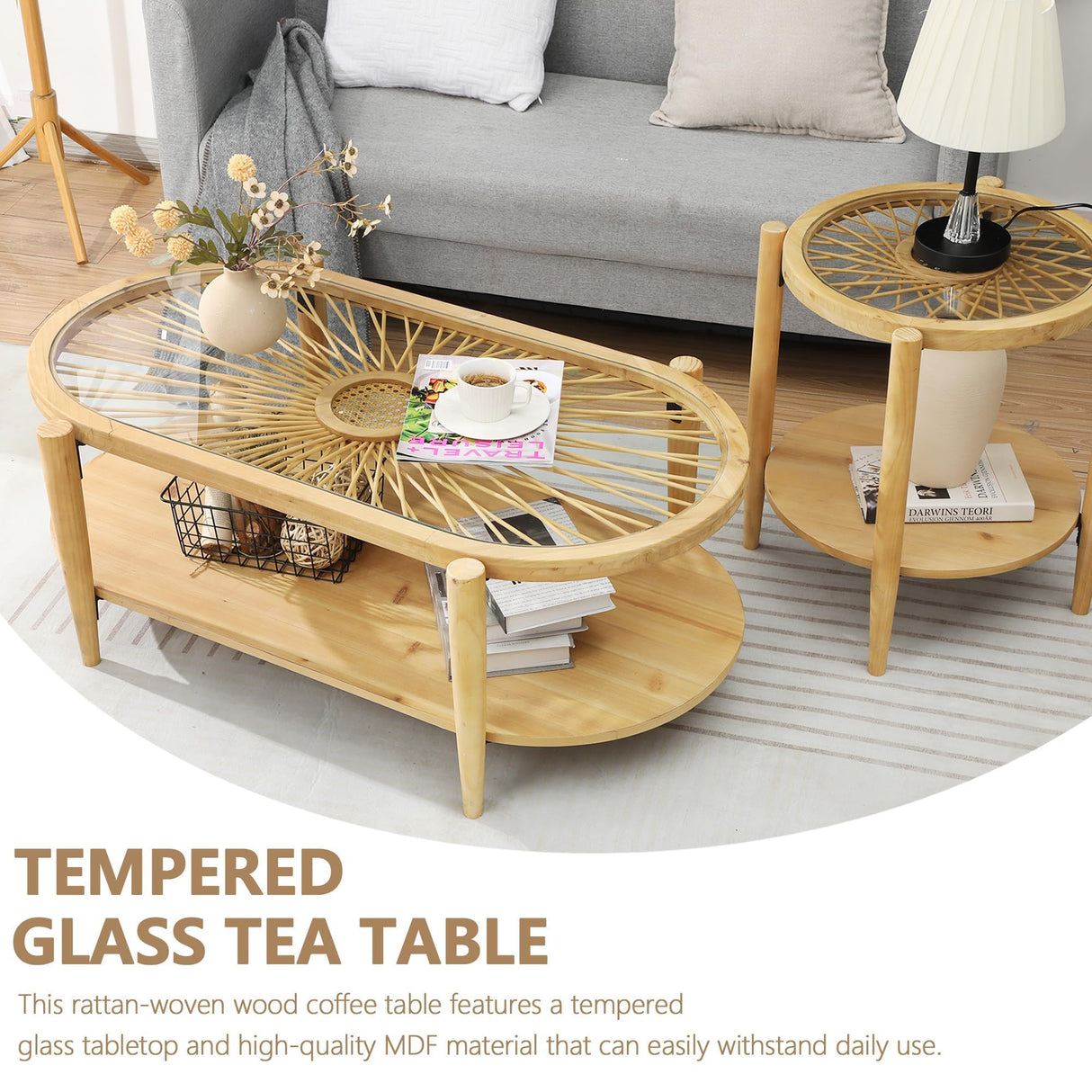 RUSTOWN Rattan Coffee Tables,2-Tier Oval Boho Cocktail Tables, Mid Century Modern Coffee Table with Rattan & Tempered Glass Top and Wood Legs, Sofa Table for Living Room(Natural) RUSTOWN
