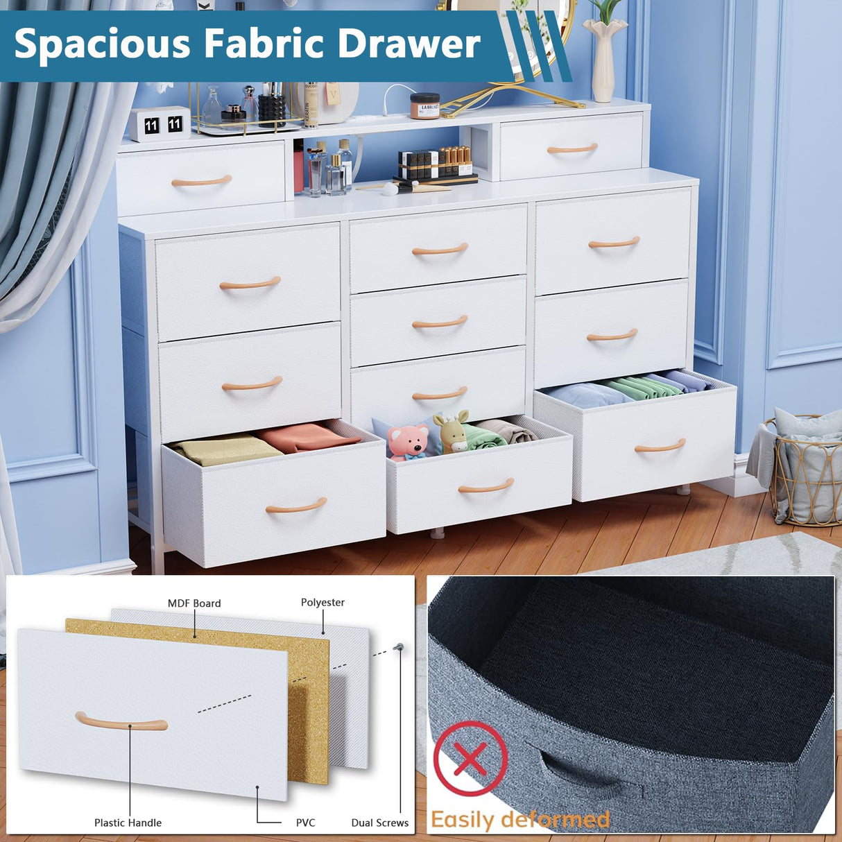 Furnulem White Dresser for Bedroom with LED Lights & Charging Station,55" Long Dressers & Chest of Drawers with 12 Storage Bins, Fabric Furniture for Closet,Hallway,2-Tier Shelf Wood Top,Metal Frame Furnulem