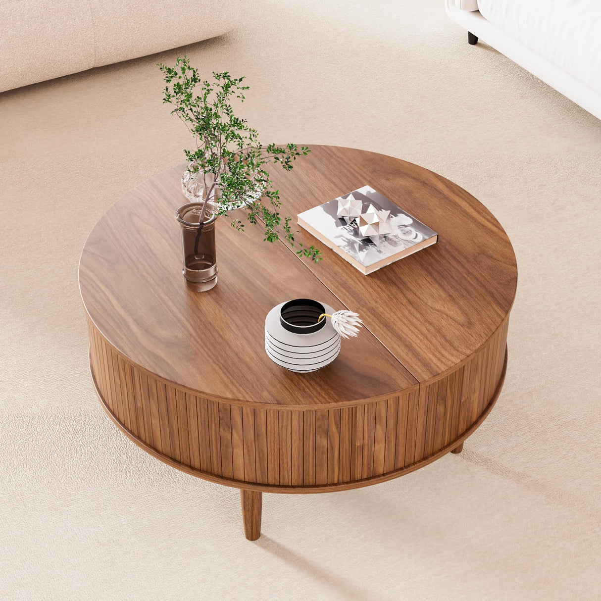 Round Fluted Lift Top Coffee Table with Storage, Mid Century Modern Coffee Table for Living Room, Home Small Space,31.5" Fluted Center Table (Walnut, 31.5inch) Boweniog