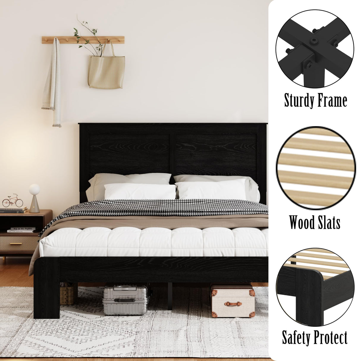 SAMTRA Wooden Bed Frame Full Size with Headboard, Farmhouse Platform Bedframe with Wood Slat Support, Sturdy Framework Bed Frame, Easy Assembly (Rustic Black) SAMTRA