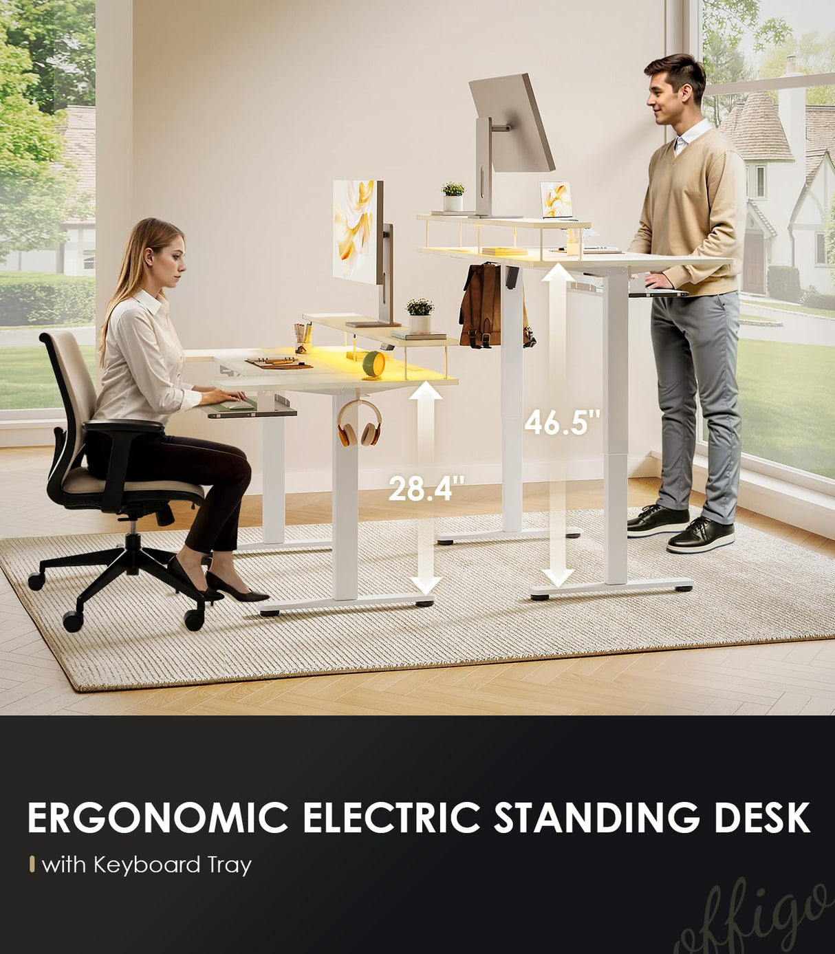 OffiGo U Shaped Electric Standing Desk with Keyboard Tray, 55 Inch Height Adjustable Desk with Power Outlets & LED Lights, Sit Stand Table with Monitor Stand for Home, Office, White OffiGo