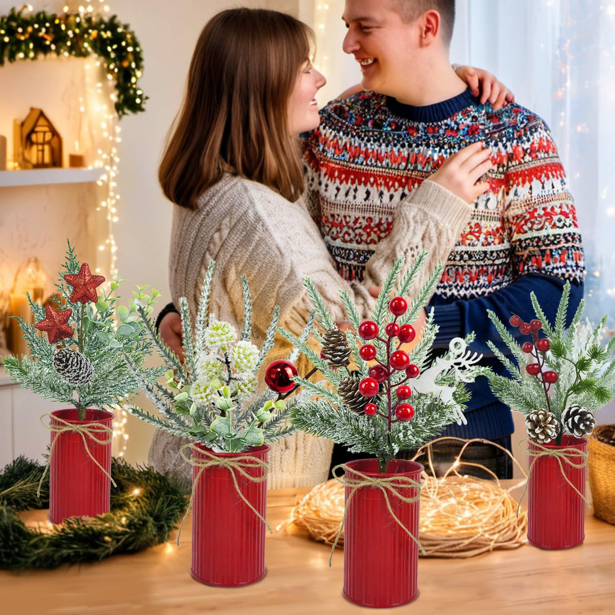 Succwoah 4 Pcs Christmas Centerpiece Table Decorations Artificial Potted Plants Floral Arrangement with Red Berries Pinecones Stars Balls for Home Desktop Farmhouse Party Decor Succwoah