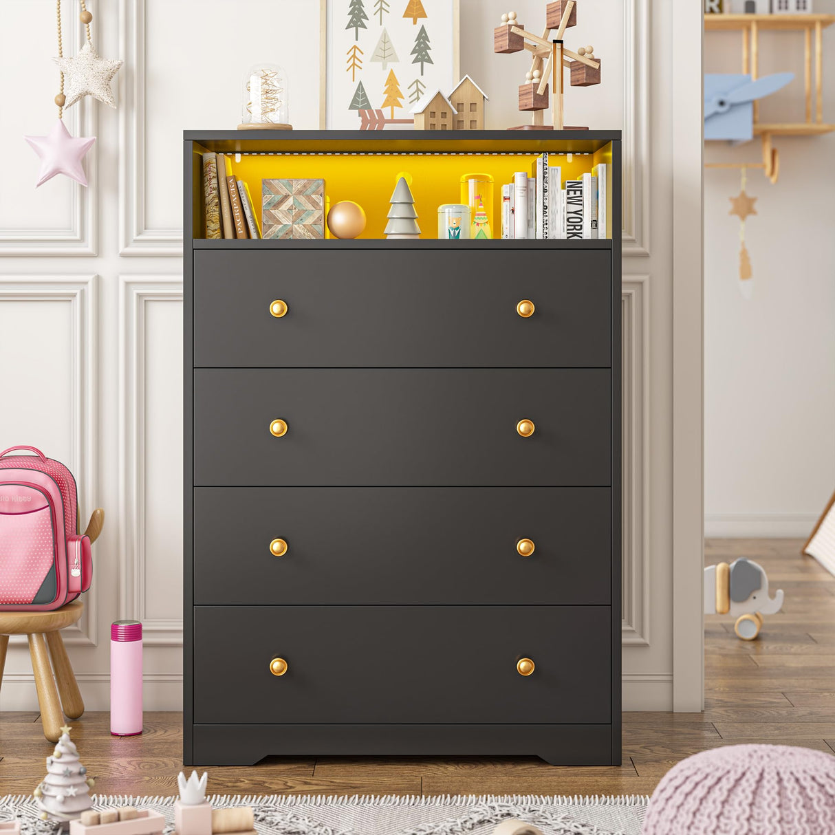 EnHomee Dresser with LED Light, Tall Dresser for Bedroom, Black Dresser&Chest of Drawers Wooden Dresser for Hallway, Closet, Entryway, 43.3" H x 27.5" W x15.7 D EnHomee