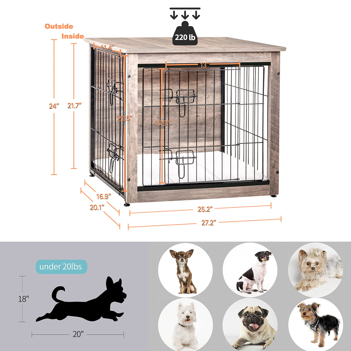 DWANTON Dog Crate Furniture with Cushion, Wooden Dog Crate with Double Doors, Dog Furniture, Dog Kennel Indoor for Small/Medium/Large Dog,End Table, Small, 27.2" L, Greige Dwanton