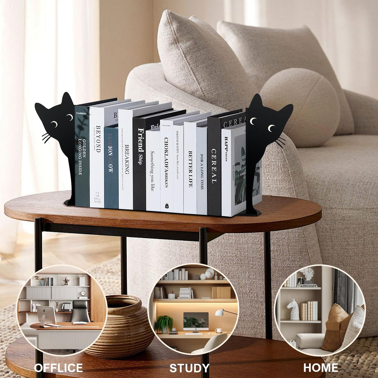 Peeping Cat Bookends,Metal Book Ends for Heavy Books for Shelves Decorative,Bookshelf Decor Home Office Desk for Cat Lover Gifts (Black Cat) HENART