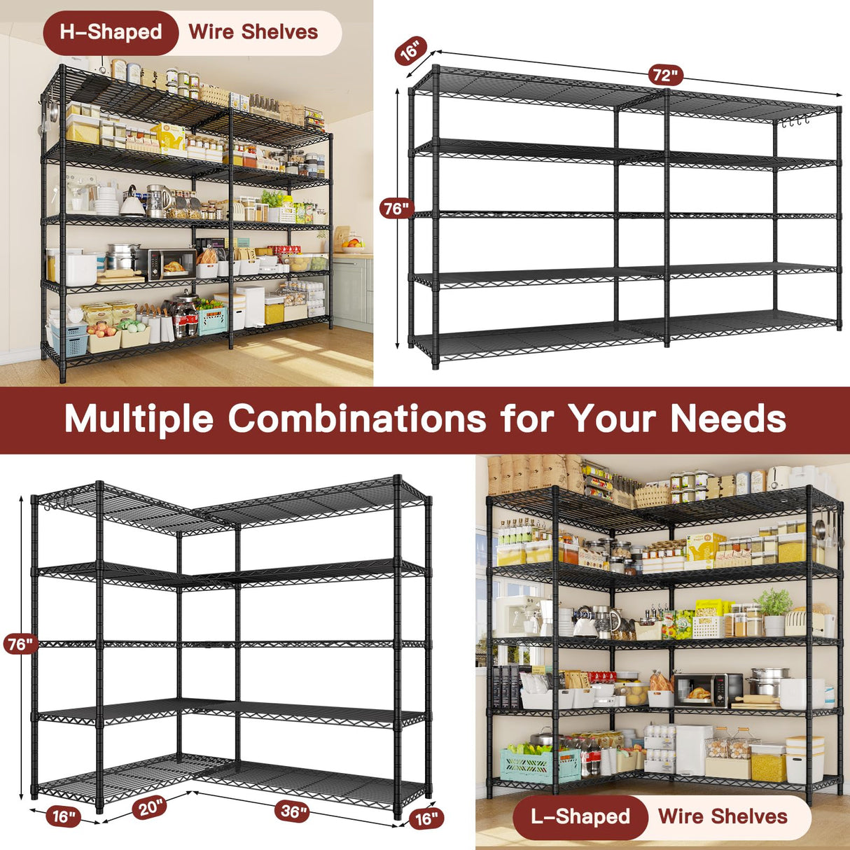 PrimeZone 72" W x 16" D x 76" H Adjustable Garage Shelving, 5 Tier Heavy Duty Metal Storage Shelves, Steel Wire Rack Storage Shelving Organizer for Warehouse, Kitchen, Pantry, Garage, Basement, Black PrimeZone