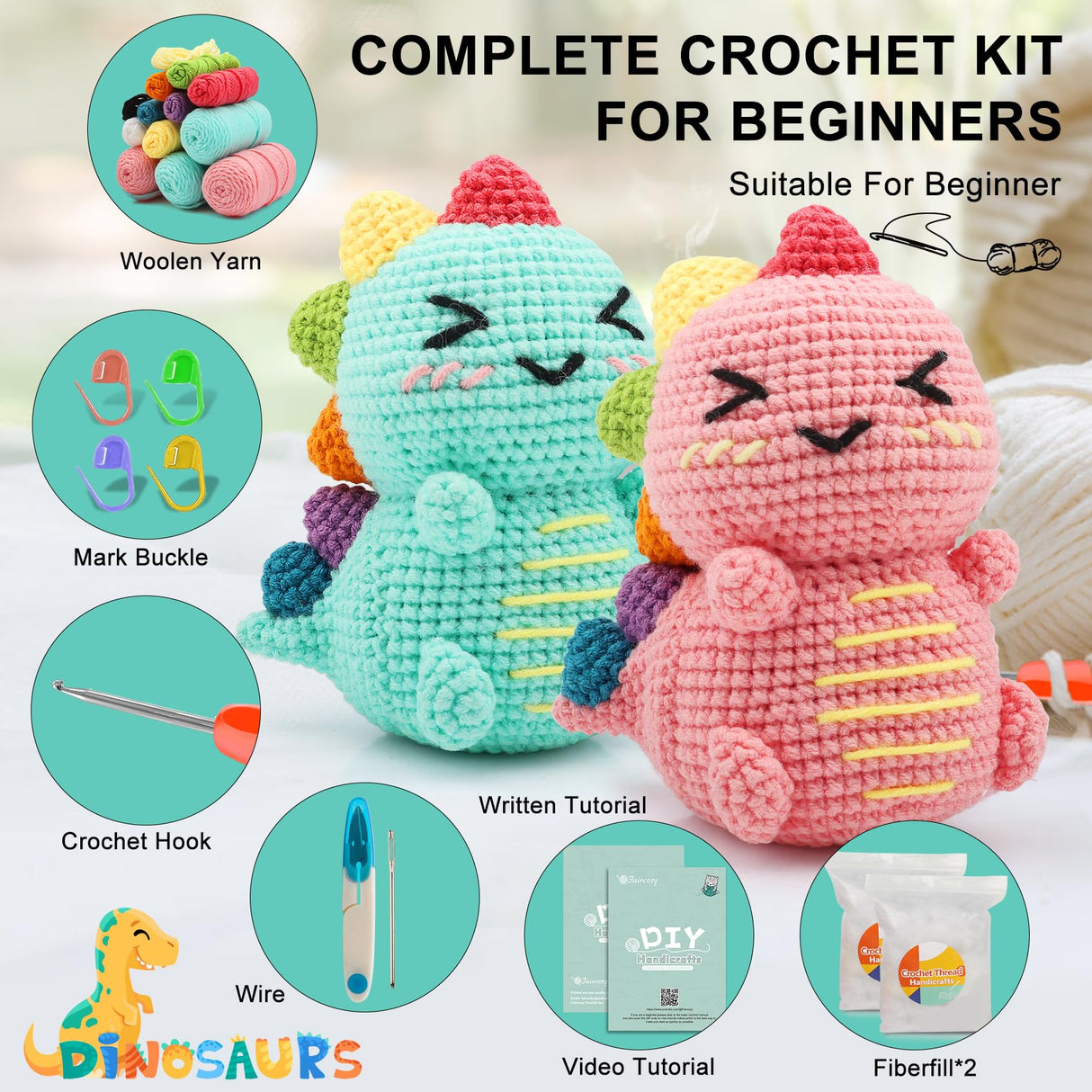 Faircosy Dinosaur Crochet Kit for Beginners: 2PCS Crochet Animal Kits for Adults - Learn to Crocheting Cute Amigurumi Starter Kit with Written Pattern & Video Tutorials (40%+ Yarn Extra) Faircosy