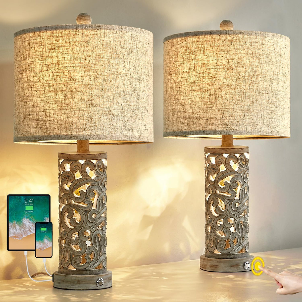 OYEARS 3-Way Dimmable 22'' USB A+C Touch Control Table Lamp Set of 2 with Nightlight for Living Room Bedroom Farmhouse Bedside Nightstand Lamps (Bulb Included) OYEARS