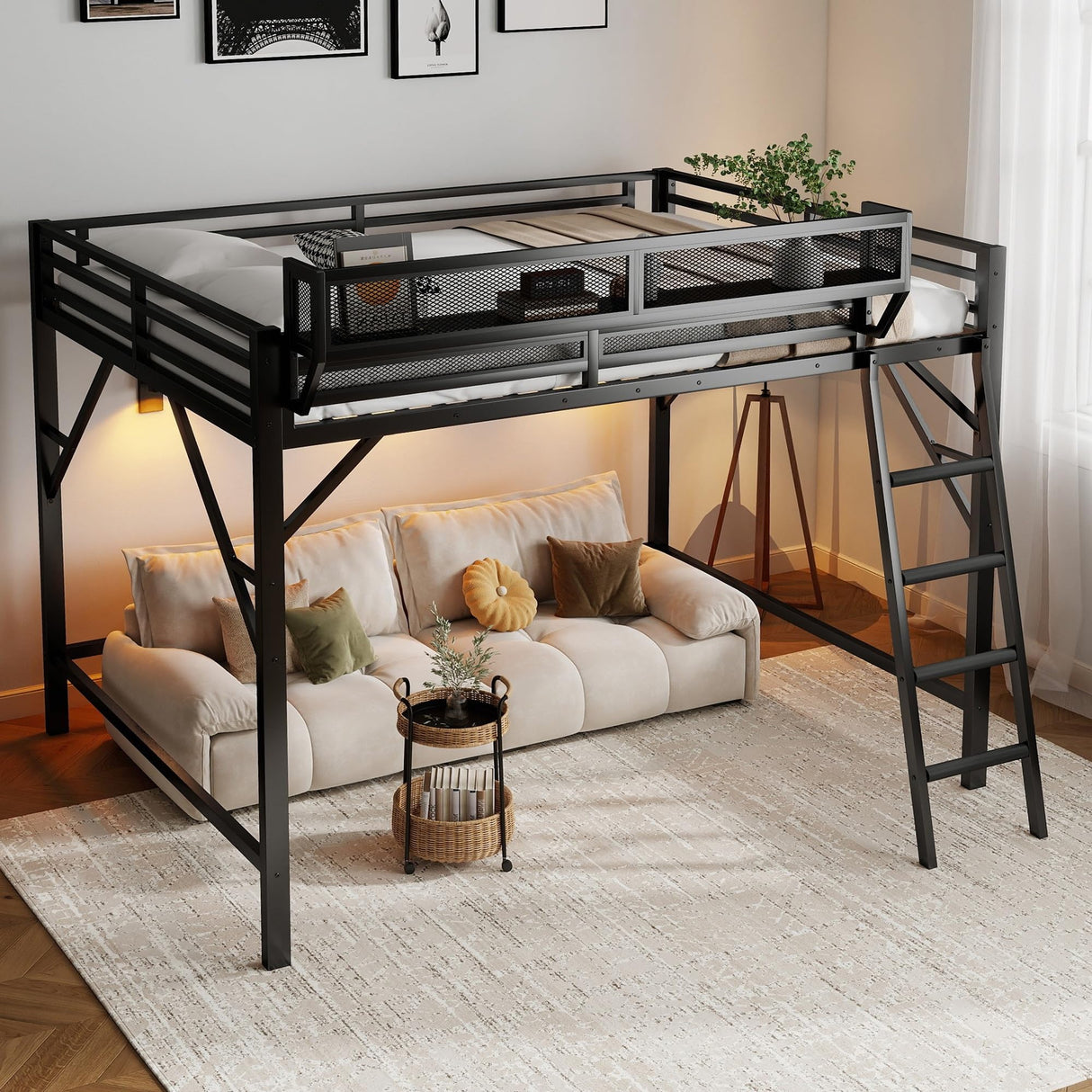 Queen Size Loft Bed with Storage Shelves & Soft Foam Ladder, Metal High Loft Bed with Large Under-Bed Space & Guardrail, Heavy-Duty Modern Beds for Adults Teens and Kids, No Box Spring Needed, Black Aurnienofus