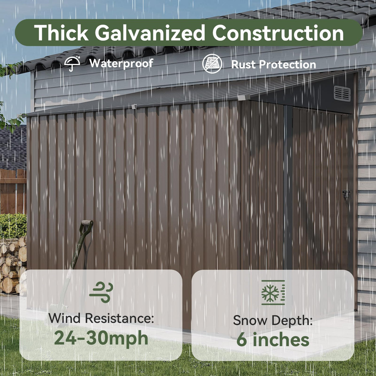 Breezestival 7'x5.5' Lean to Shed Large Storage Room Galvanized Steel Storage Sheds with Side Door Waterproof Utility Shed with Sloped Roof for Mower, Bike, Garden Tools (Brown) Breezestival