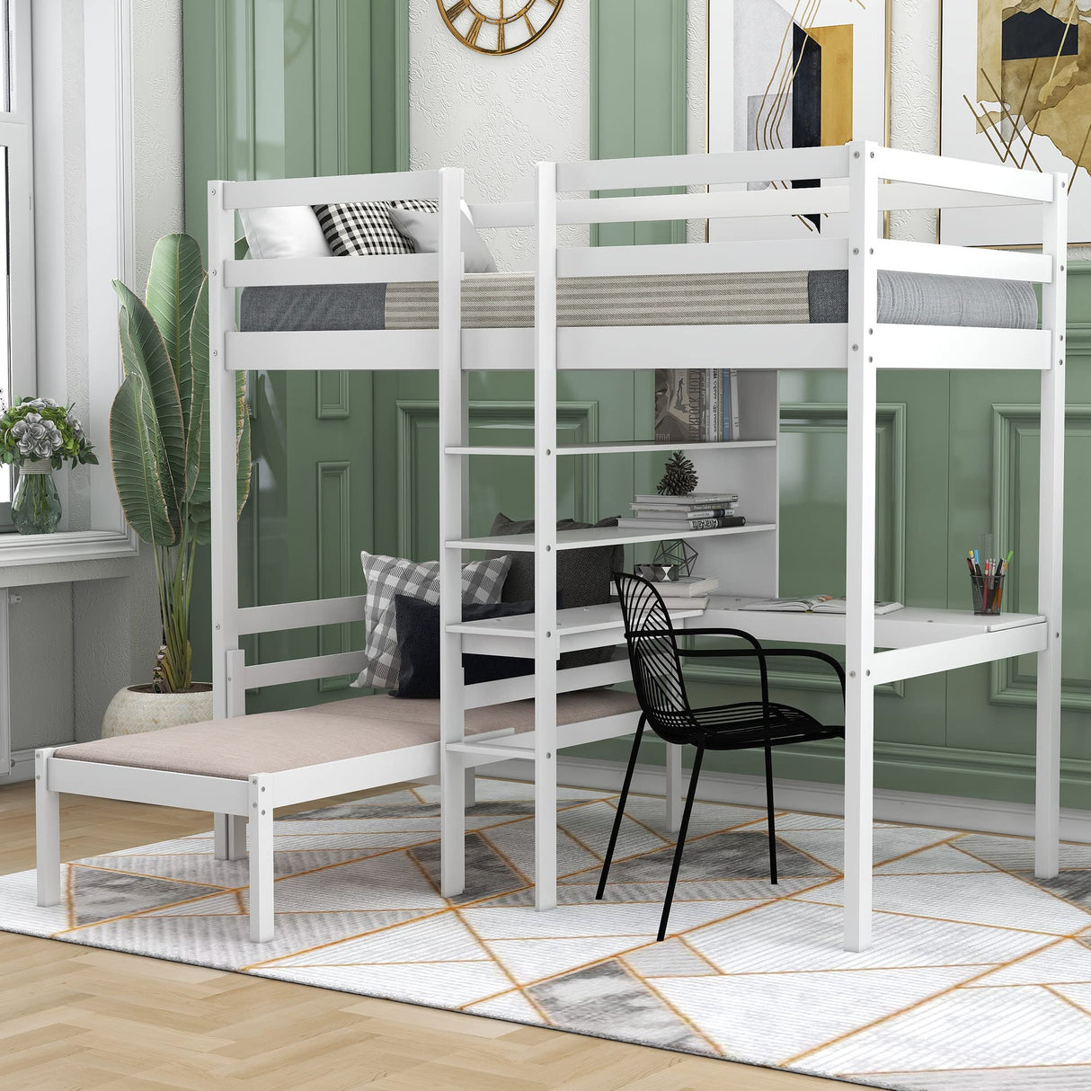 Harper & Bright Designs Twin Loft Bed with L-Shaped Desk, Convertible Loft Bed Frame, Twin Bunk Bed with Shelves and Ladder (White, Twin Loft with Desk) Harper & Bright Designs