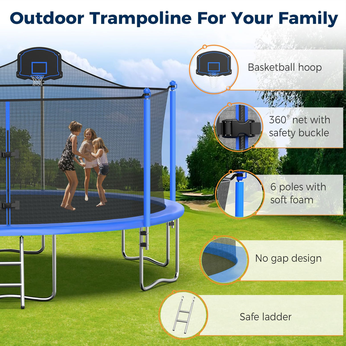 Tatub 16FT Trampoline for Kids and Adults, Outdoor Recreational Trampolines with Basketball Hoop & Enclosure Net, Blue Tatub