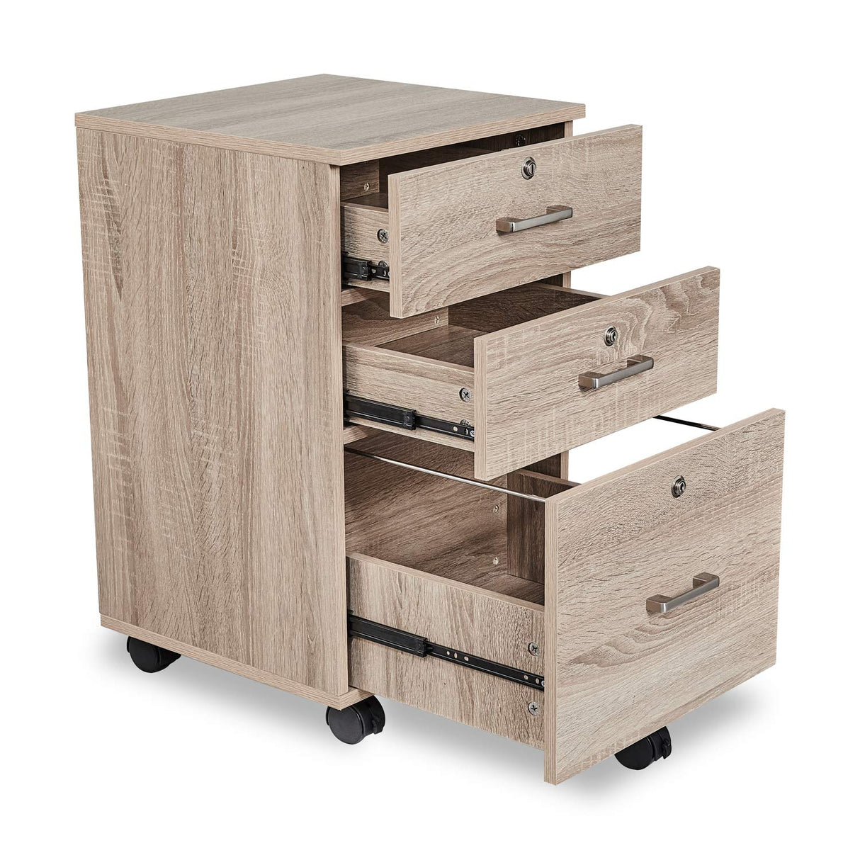 Bonnlo 26"H 3 Drawer File Cabinet with Lock, Rolling File Cabinet Under Desk, Mobile File Cabinets for Home Office, Wood File Cabinet Printer Stand for Letter Size File Folders, Assembly Required, Oak Bonnlo