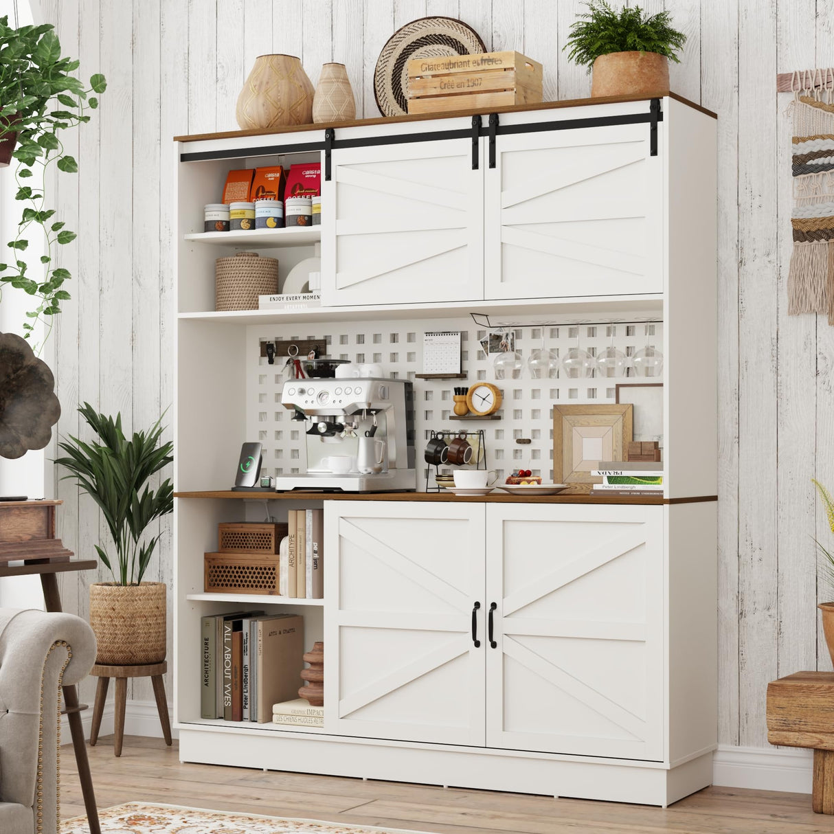 75” Tall Large Kitchen Pantry Storage Cabinet,63"W Farmhouse Kitchen Hutch Cabinet w/Power Outlet,Large Coffee Bar Cupboard w/Microwave Shelf & Wine Rack,4 Doors,2 Drawers, Dining Room, White chartustriable