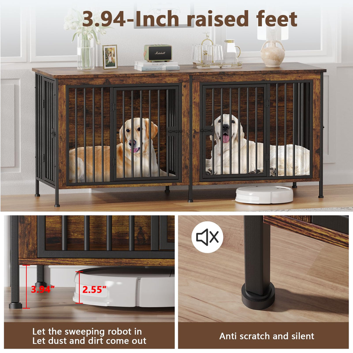 EasyCom 78 Inch Dog Cage Furniture for 2 Dogs, Extra Large Double Dog Crate Furniture Large Breed, XXL Thick Wooden Dog Crate Furniture TV Stand, Sturdy Dog Kennel Furniture Dog Crate with Divider EasyCom