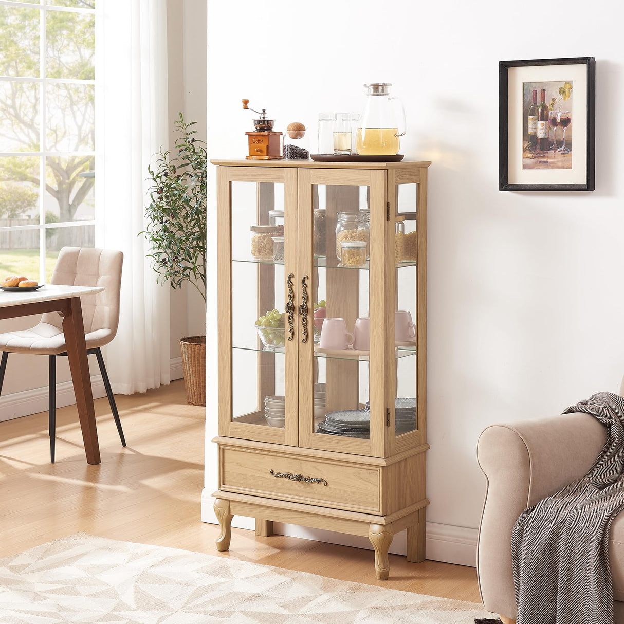 Glass Display Cabinet with Doors and Drawer, Lighted Curio Display Cabinet with Adjustable Glass Shelves and Mirrored Back Panel, Retro Floor Standing Storage Cabinets for Living Room, Light Oak BAOMKONG