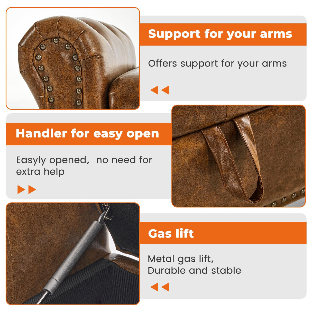 Furniliving Storage Ottoman Bench, Leather Bench End of Bed Bench with Solid Wood Legs Upholstered Ottoman Bench with Storage Indoor Bench for Living Room with Rolled Arm, Entryway, YellowBrown Furniliving