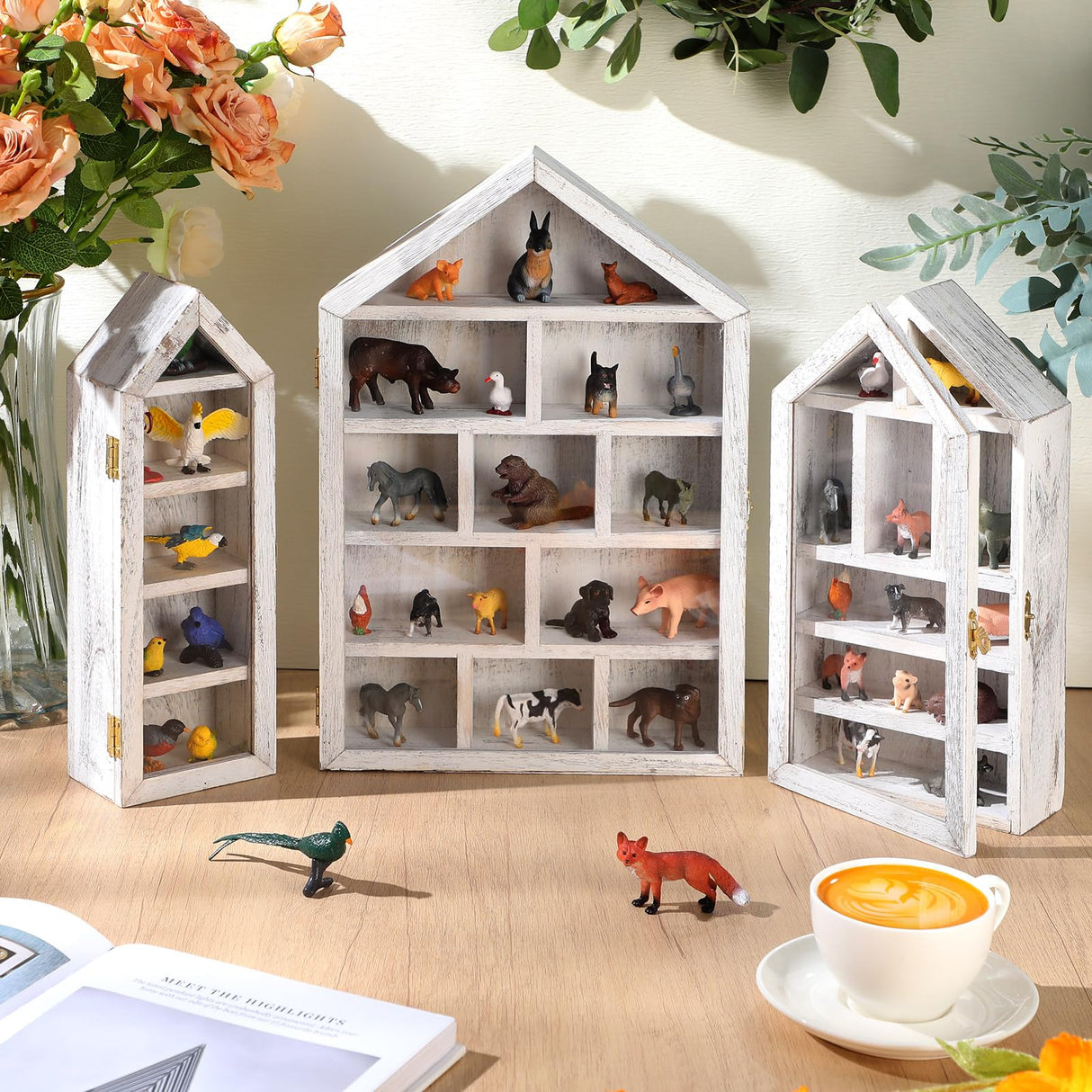 DoubleFill Set of 3 Shadow Cubby Boxes Wooden Display Shelf 10 x 15 Inch Large Wall Mounted Display Storage Shelves for Mini Figures Curio Trinket Medals Crafts Collections(Antique White,House Shape) DoubleFill