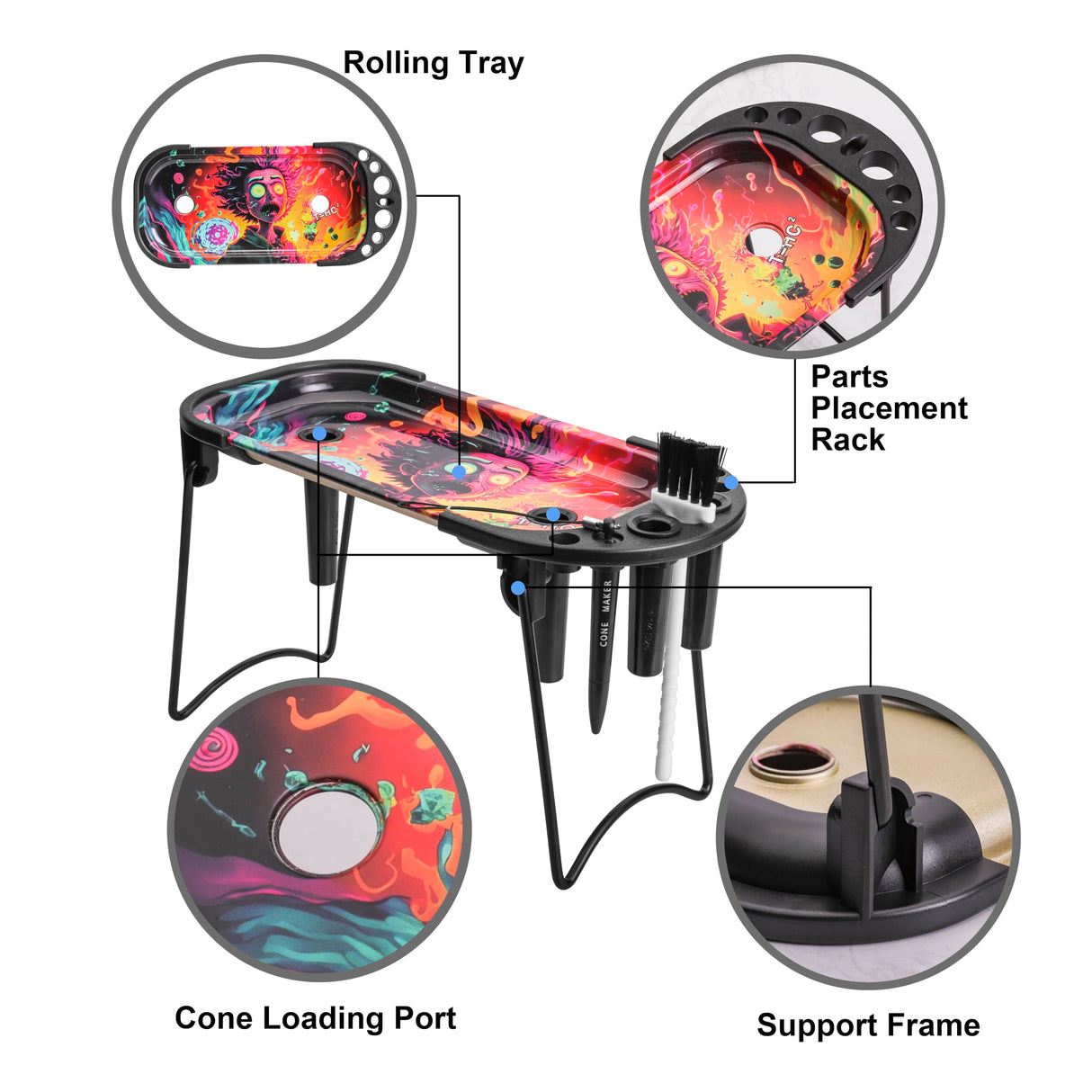 Cone Filler Pre Roll Machine for King Size&1 1/4 Size-Cone Loader Includes Metal Rolling Tray,Foldable Stand, Placement Device & Brush (Black) CYT PRIME DESIGN