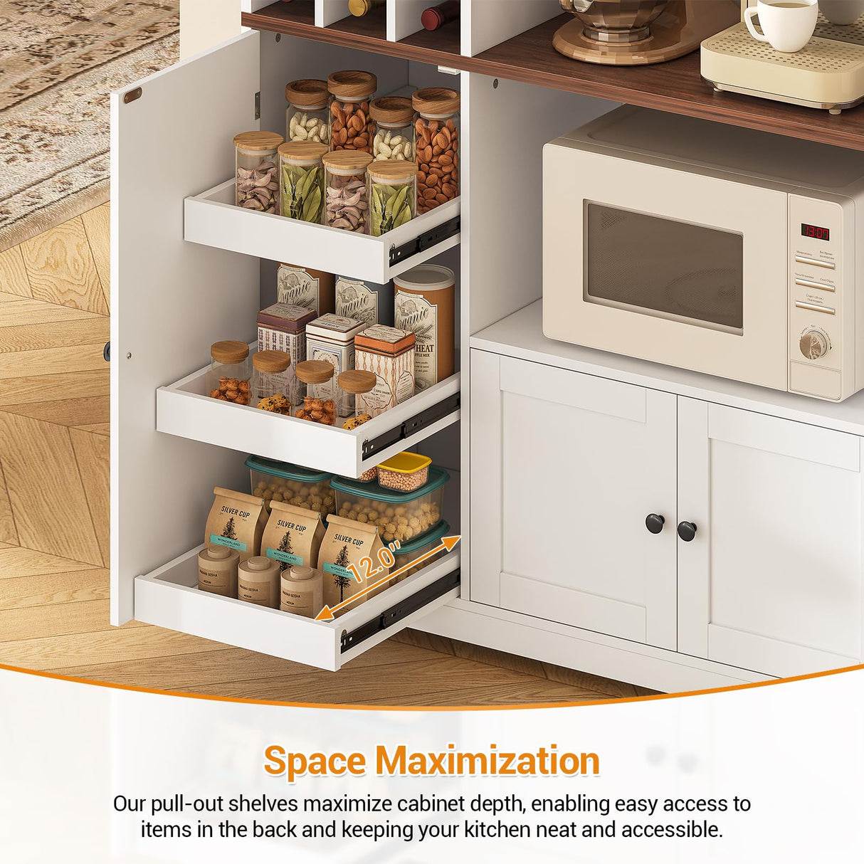 Hasuit 71.3" Pantry Cabinet with Charging Station, Tall Farmhouse Kitchen Hutch with Microwave Stand, Coffee Bar Hutch with Removable Wine Rack for Living Room, Dining Room, White Hasuit