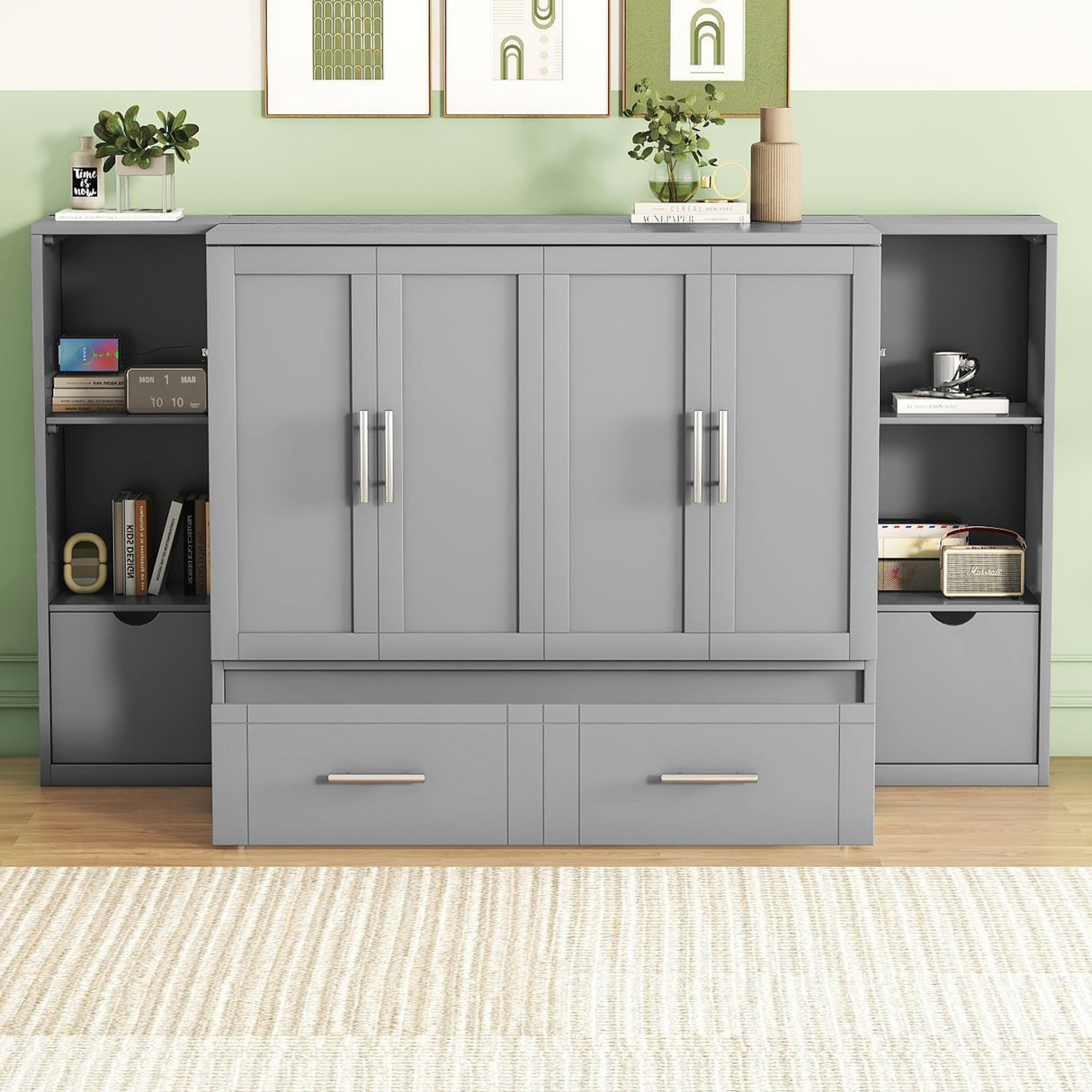 Queen Size Murphy Wall Bed With Storage and Bookcase Headboard, Solid Wood Cabinets, Shelves, Drawers and USB Ports - Multi-Function Platform for Home Office, Guest Room - Gray Harper & Bright Designs
