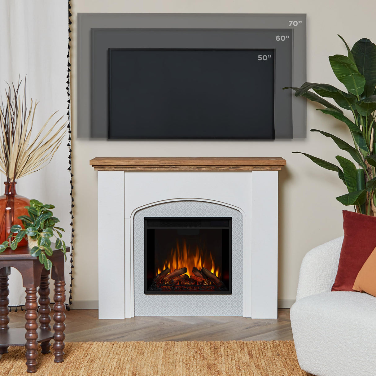 Real Flame Anika 49" Electric Fireplace with Mantel for Living Room or Bedroom, Replaceable Fireplace Insert Heater, Realistic Log and Flame Effect, Remote Control, Timer, White Real Flame