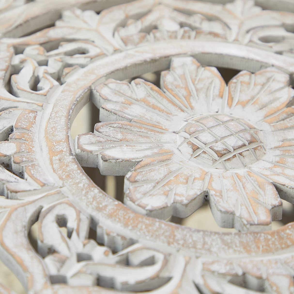 Deco 79 Wooden Floral Handmade Living Room Coffee Table Intricately Carved Table with Hollow Interior, Center Table 33" x 33" x 18", Light Gray Deco 79