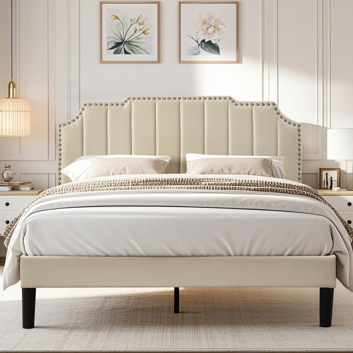 VECELO Full Upholstered Platform Bed Frame with Tufted Adjustable Headboard/Mattress Foundation/Wood Slat Support,Easy Assembly,Beige VECELO