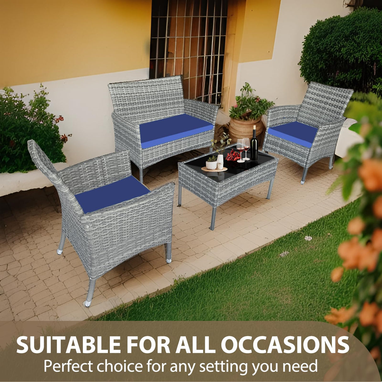 CHNBJY Patio Furniture Set 4 Pieces Outdoor Rattan Chair Wicker Sofa Garden Conversation Bistro Sets for Yard,Pool or Backyard (Grey + Blue Cloth) CHNBJY