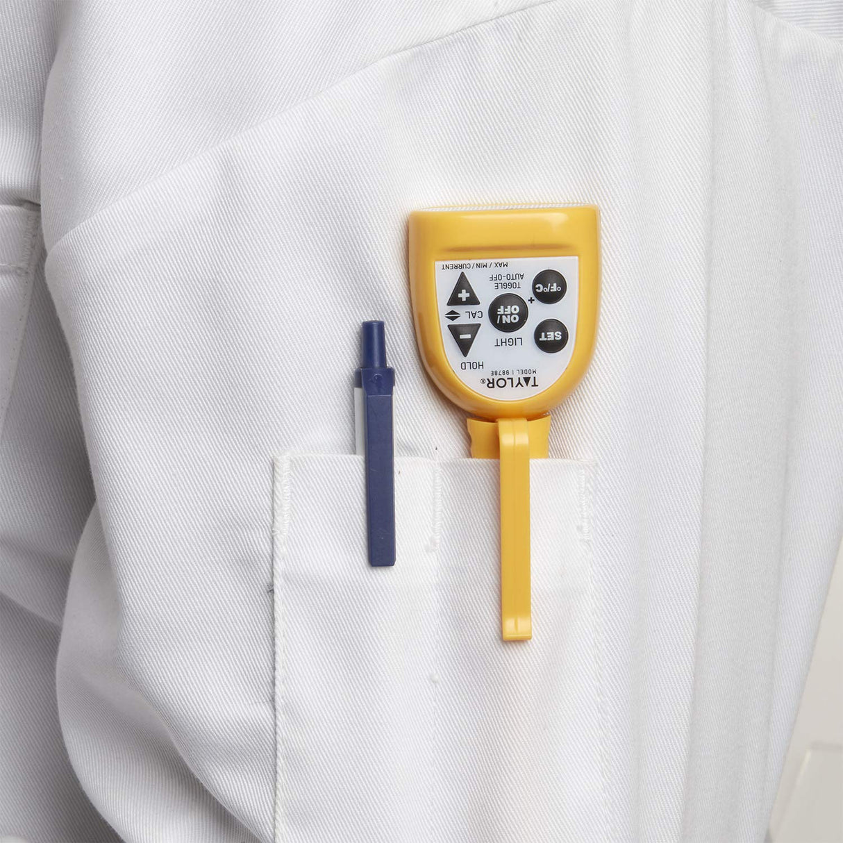 Taylor Compact Waterproof Digital Food Thermometer, 4.5 Inch Stem Length with an FDA Recommended 1.5mm Stepdown Probe Diameter and Amber Backlit LCD, HOLD, Min/Max; NSF, Yellow Taylor