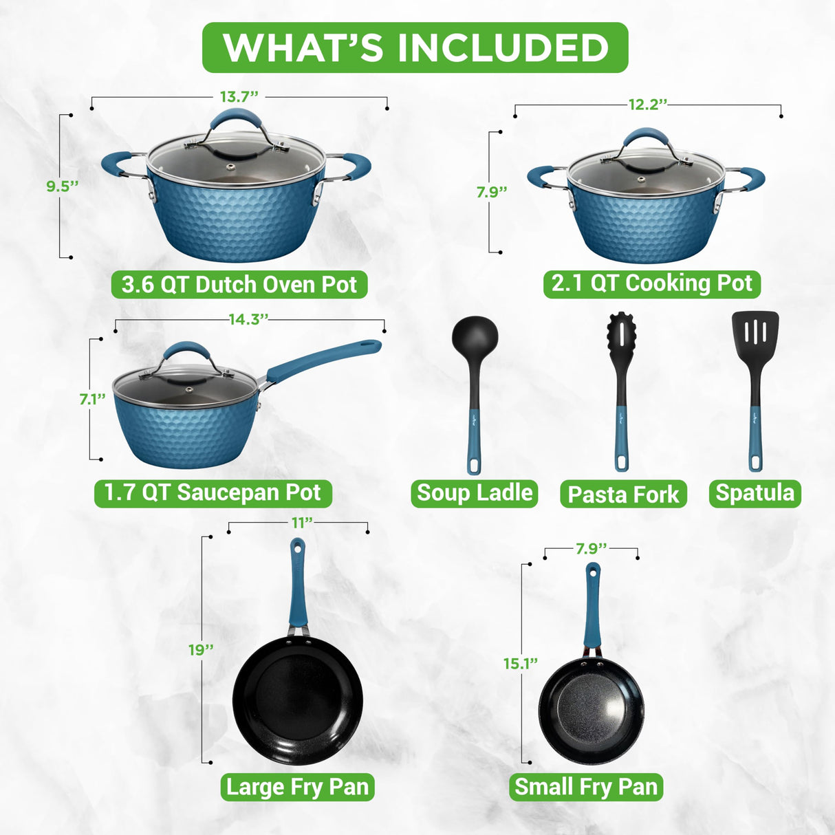 NutriChef 11 Pc Pots and Pans Set Non Stick Cookware with Ceramic Coating, Ergonomic Handles, Induction Ready, Includes Saucepan, Dutch Oven, Large & Small Fry Pans, Royal Blue NutriChef