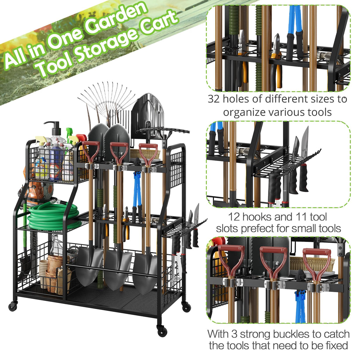 keomaisyto Garden Tool Organizer with Heavy Duty Wheels for Garage - with 2 Baskets, Large Yard Tool Organizer and Storage Holder, Utility Garden Tool Rack for/Shed/Garage/Yard/Basement/Lawn keomaisyto