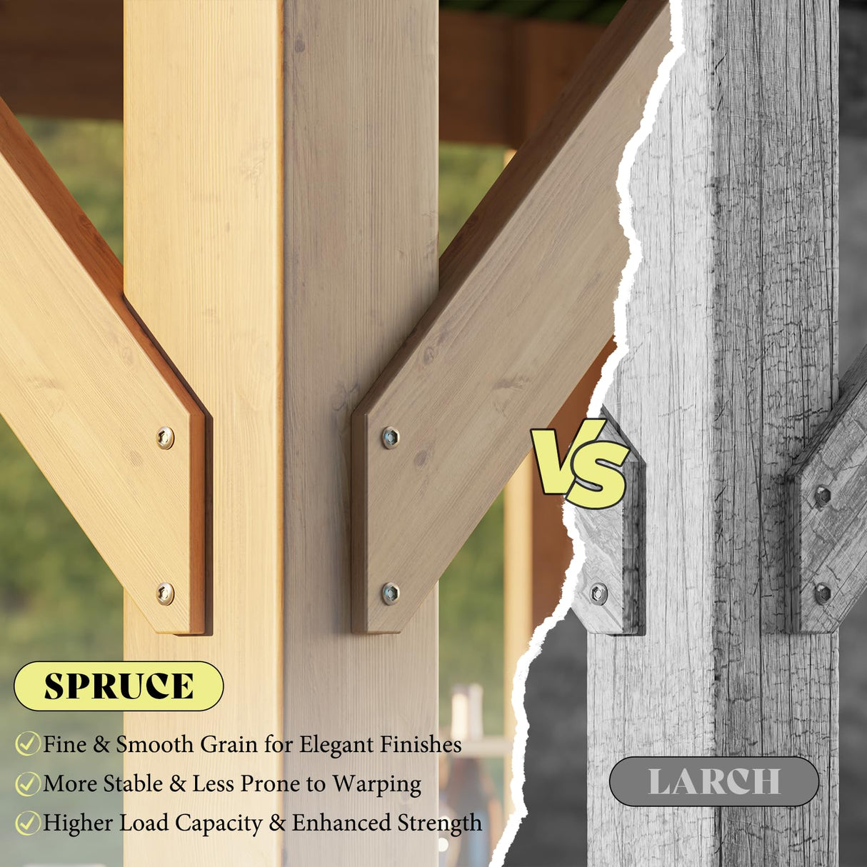 13x15 ft Wood Gazebo, Hardtop Pergola with Steel Gable Roof, Outdoor Gazebo with Guest House for Garden, Porch, Patio, Black + Natural Wood LUXOAK