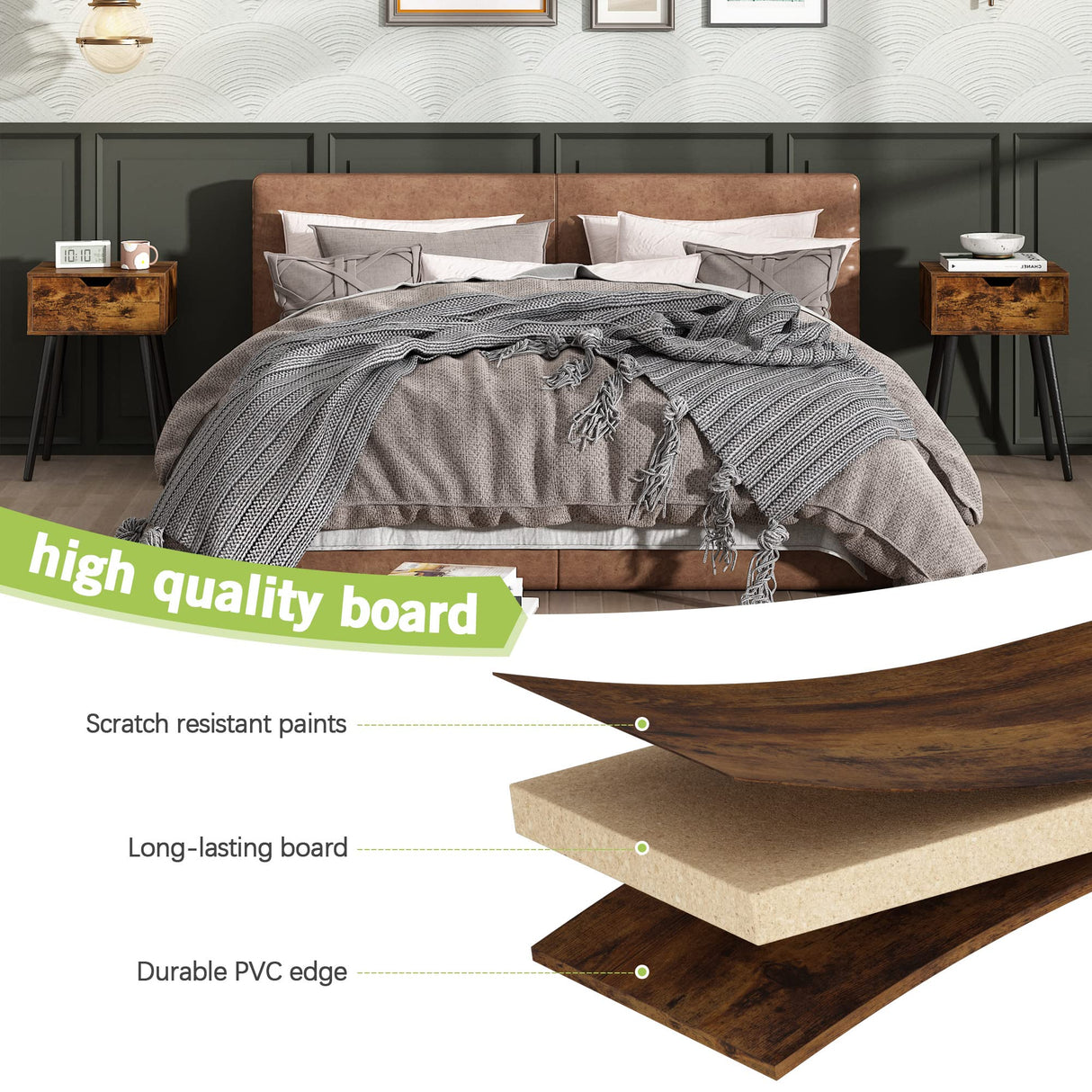 JAXPETY Set of 2 Retro Brown Nightstands with Drawer, Mid-Century Nightstands for Bedroom or Living Room with Solid Wood Legs JAXPETY